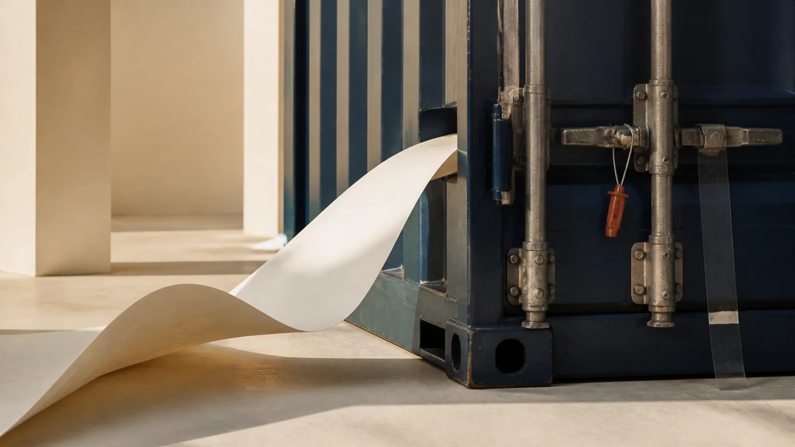 An indigo cargo container and a flowing paper manifest representing physical cargo and documents moving together