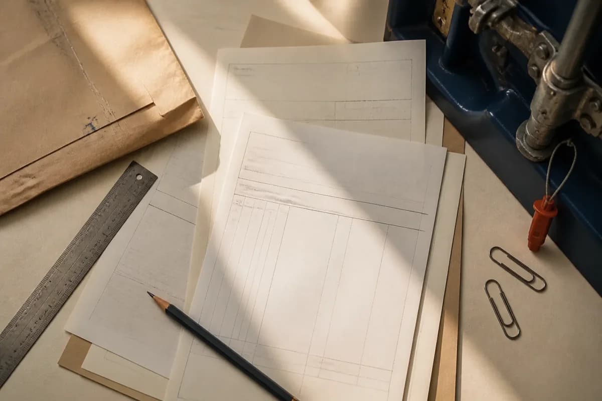 Order sheets, a ruler and a pencil on a desk beside a container door