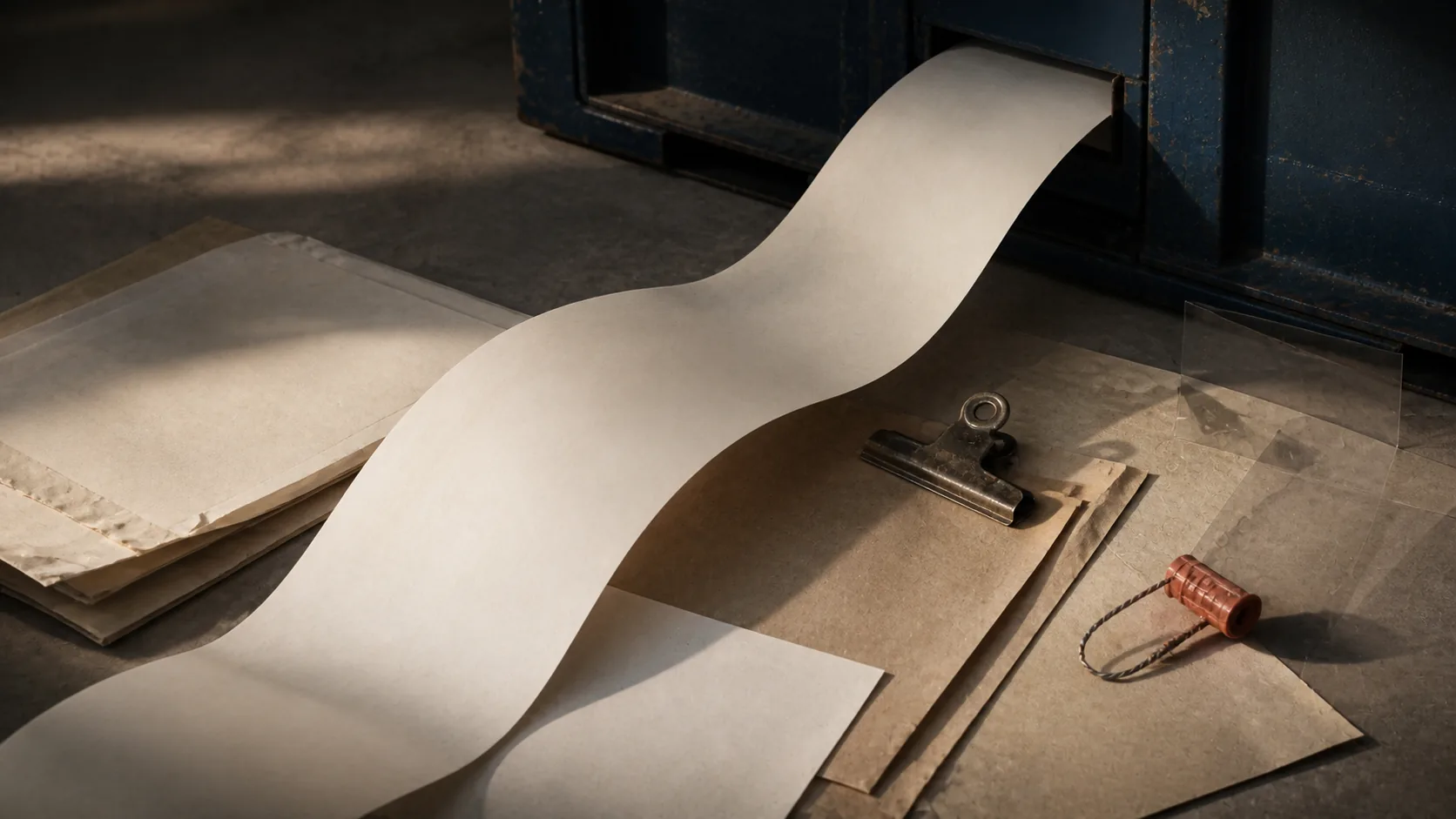 A paper manifest unrolling beside a cargo container, representing scattered import records