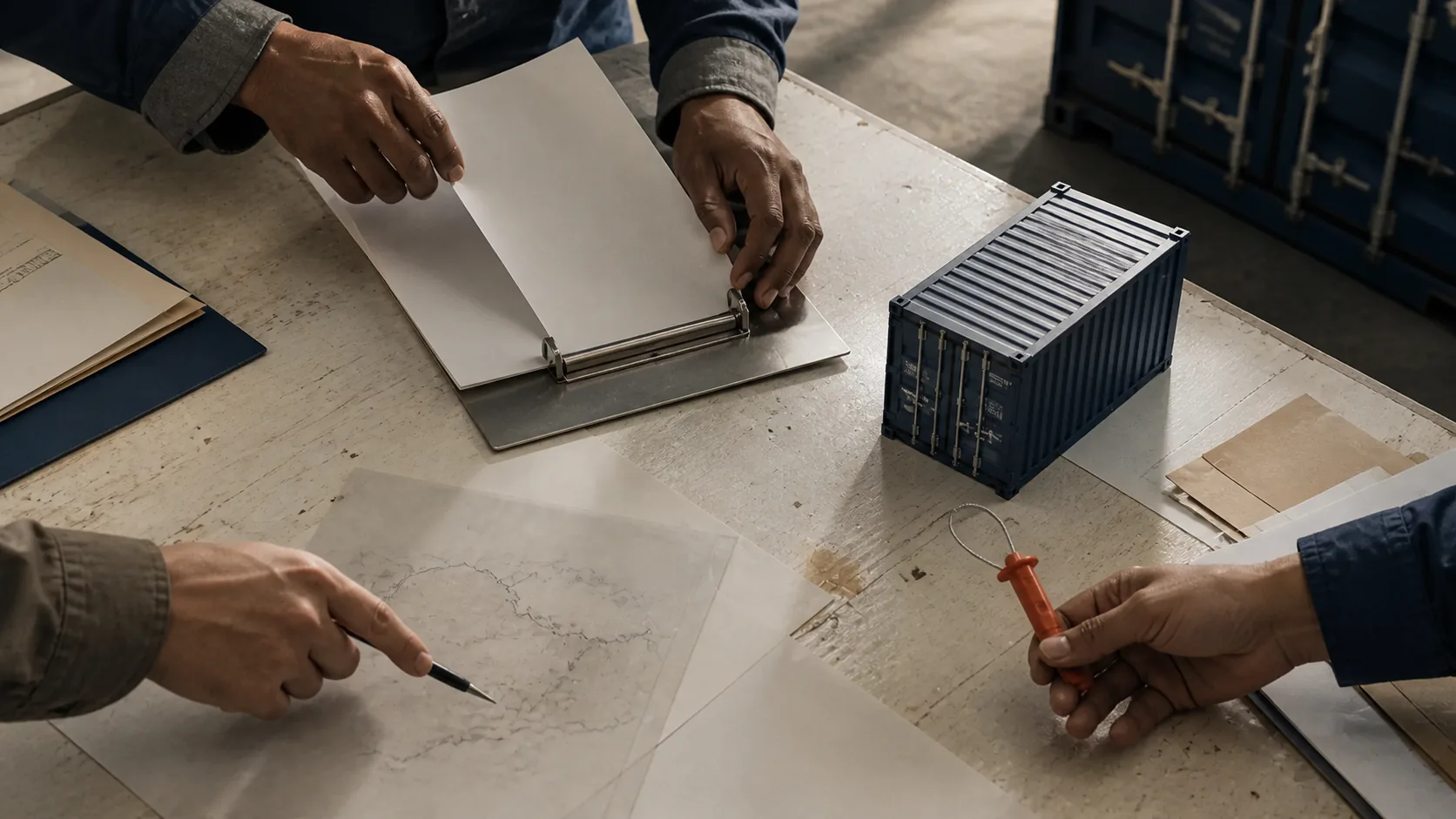 An import team reviewing documents around a container model